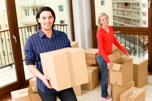 Professional movers carrying boxes during a Vauxhall relocation